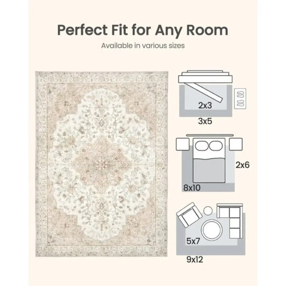 New 8x10 Vintage Area Rug, Soft Washable Non-Slip Low Profile Carpet for Home